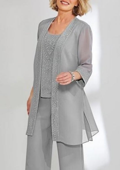 Elegante vestido de gasa de dos piezas con mangas largas y joya para madre
