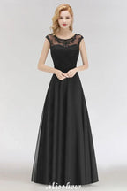 Vestido de Dama de Honra Preto Elegante, Sem Mangas, Comprimento Até ao Chão, em Renda, Corte em A