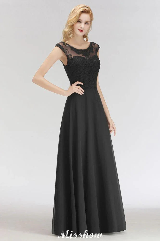 Abito elegante da damigella senza maniche, lungo fino a terra, a linea ad A, in pizzo nero