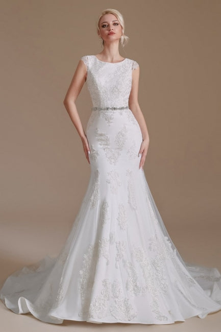 Vestidos de Noiva Elegantes em Cetim, Sem Mangas, Cauda de Sereia, Comprimento ao Chão, com Renda