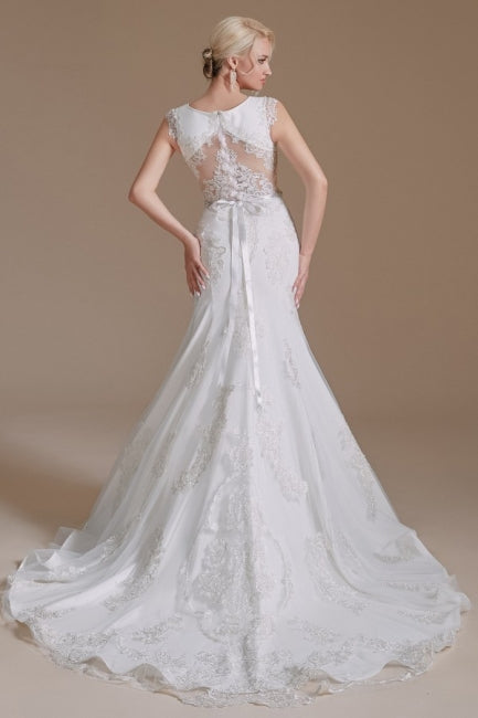 Vestidos de Noiva Elegantes em Cetim, Sem Mangas, Cauda de Sereia, Comprimento ao Chão, com Renda