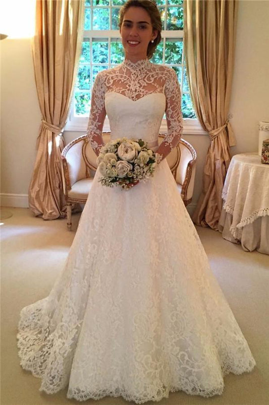 Elegantes vestidos de novia de encaje con corte en A, manga larga y cuello alto