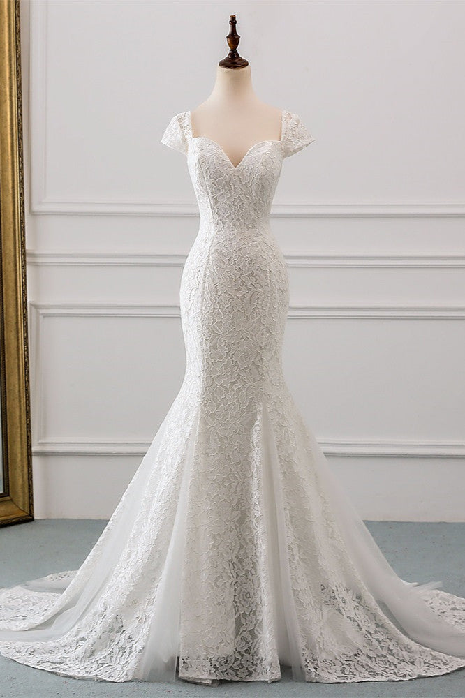 Elegant Lace Cap Sleeves Mermaid Wedding Dress With Sweetheart Neckline