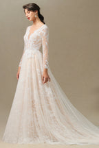 Vestido de Noiva Elegante em Renda com Decote Profundo em V, Mangas Compridas e Comprimento até ao Chão