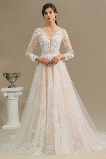 Elegantes Brautkleid aus Spitze mit tiefem V-Ausschnitt, langen Ärmeln und bodenlangen Brautkleidern 