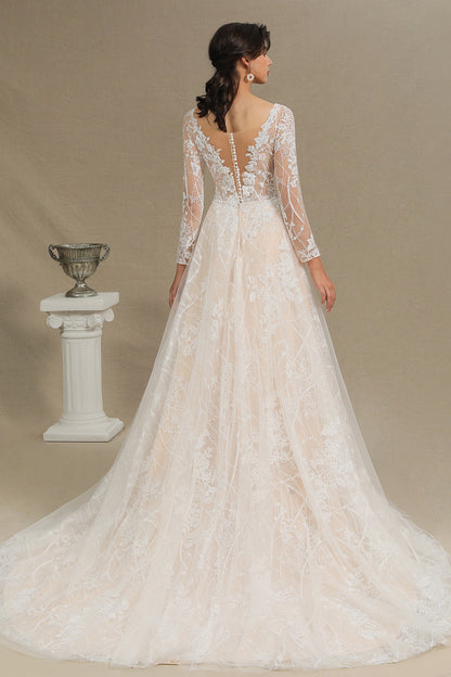 Elegantes Brautkleid aus Spitze mit tiefem V-Ausschnitt, langen Ärmeln und bodenlangen Brautkleidern 