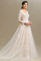 Vestido de Noiva Elegante em Renda com Decote Profundo em V, Mangas Compridas e Comprimento até ao Chão