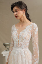 Vestido de Noiva Elegante em Renda com Decote Profundo em V, Mangas Compridas e Comprimento até ao Chão
