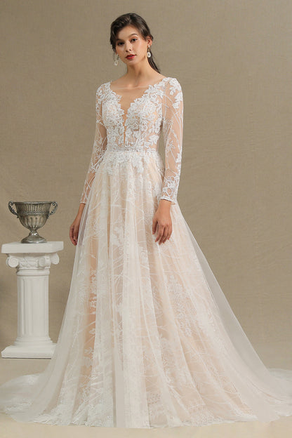 Elegantes Brautkleid aus Spitze mit tiefem V-Ausschnitt, langen Ärmeln und bodenlangen Brautkleidern 