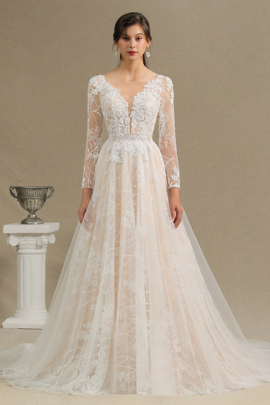 Elegantes Brautkleid aus Spitze mit tiefem V-Ausschnitt, langen Ärmeln und bodenlangen Brautkleidern