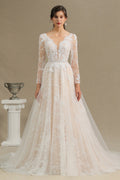 Vestido de Noiva Elegante em Renda com Decote Profundo em V, Mangas Compridas e Comprimento até ao Chão