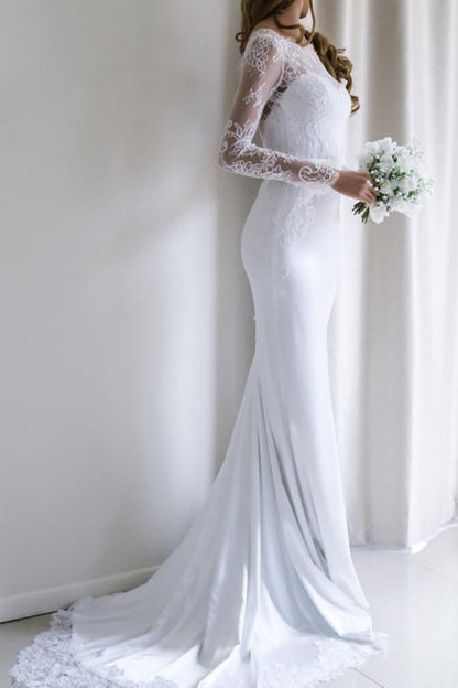 Elegantes weißes langes Meerjungfrau-Brautkleid mit langer Spitze und Schleppe