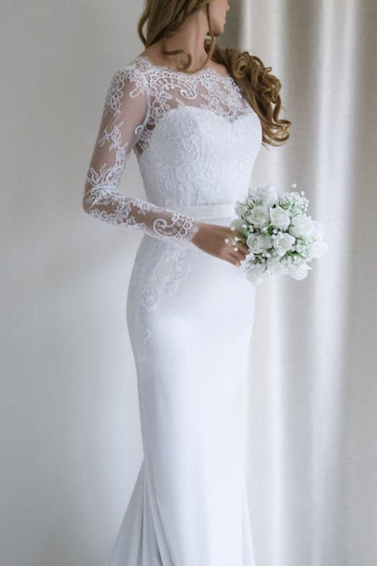 Elegantes weißes langes Meerjungfrau-Brautkleid mit langer Spitze und Schleppe