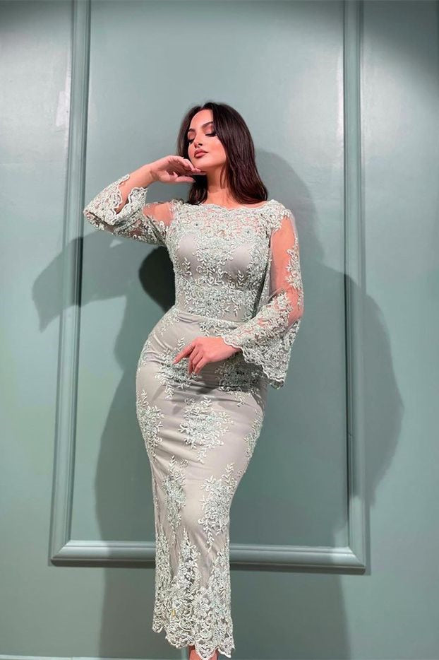 Abiti da sera eleganti a sirena in pizzo con maniche lunghe