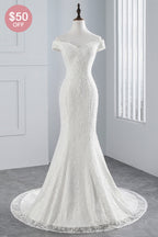 Elegant Lace Off The Shoulder White Mermaid Wedding Dress