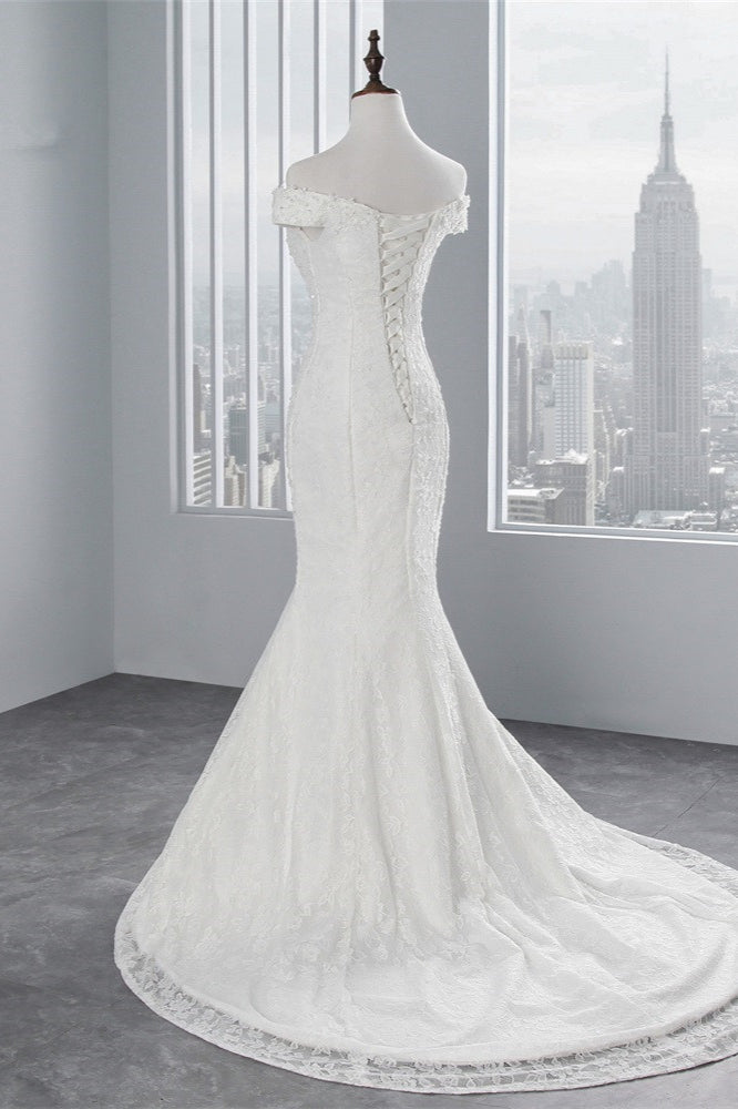 Elegant Lace Off The Shoulder White Mermaid Wedding Dress