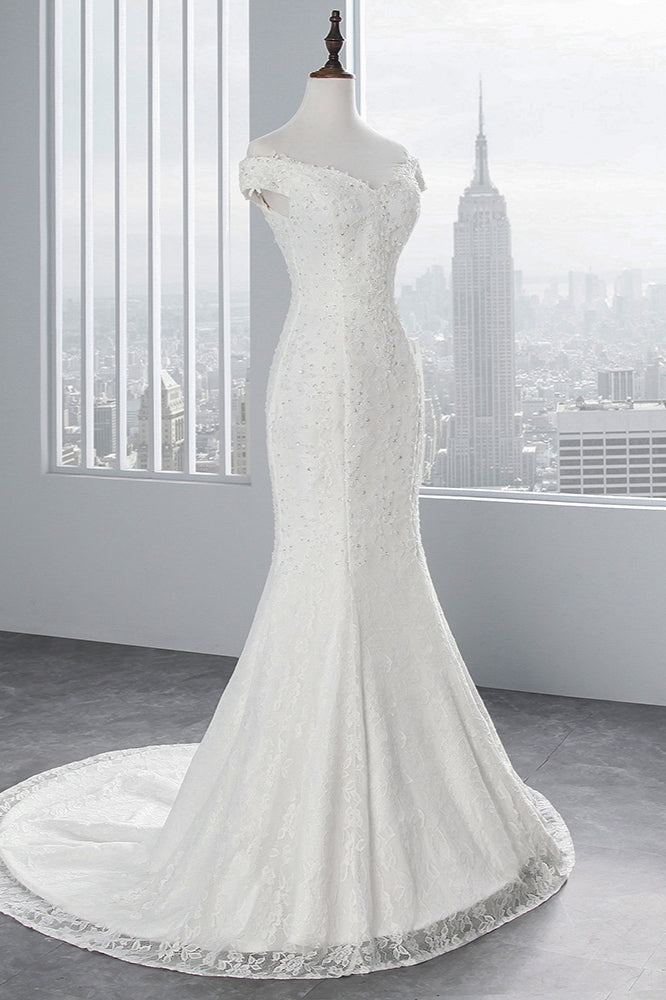 Elegant Lace Off The Shoulder White Mermaid Wedding Dress