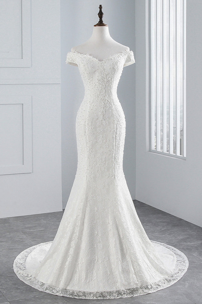 Elegant Lace Off The Shoulder White Mermaid Wedding Dress