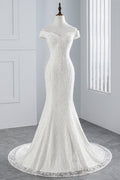 Elegant Lace Off The Shoulder White Mermaid Wedding Dress