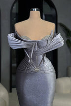 Lavender Off Shoulder Mermaid Prom Dress With Rhinestones And Sweep Train