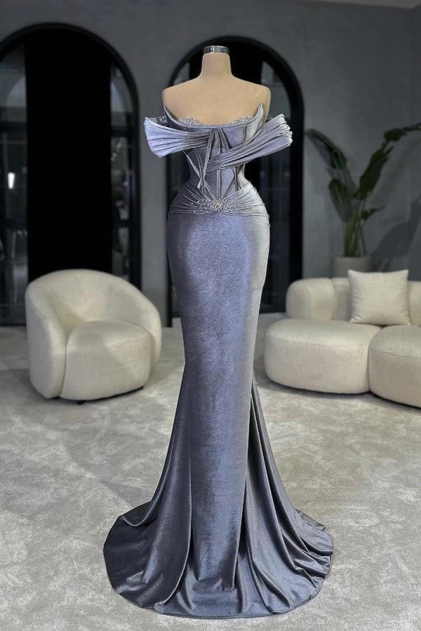 Lavender Off Shoulder Mermaid Prom Dress With Rhinestones And Sweep Train
