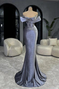 Lavender Off Shoulder Mermaid Prom Dress With Rhinestones And Sweep Train