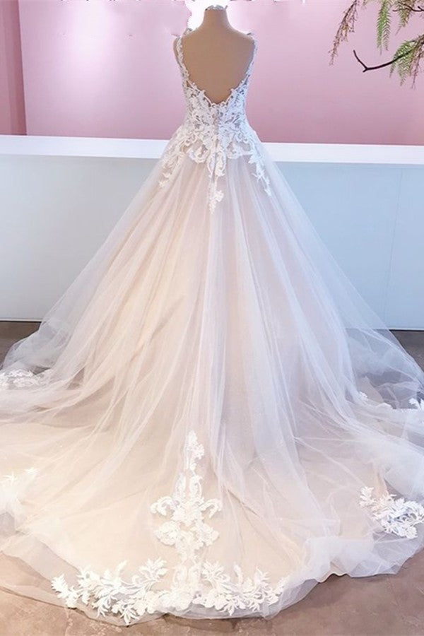 Elegante vestido de novia largo de corte A con apliques de encaje de tul y escote corazón sin espalda
