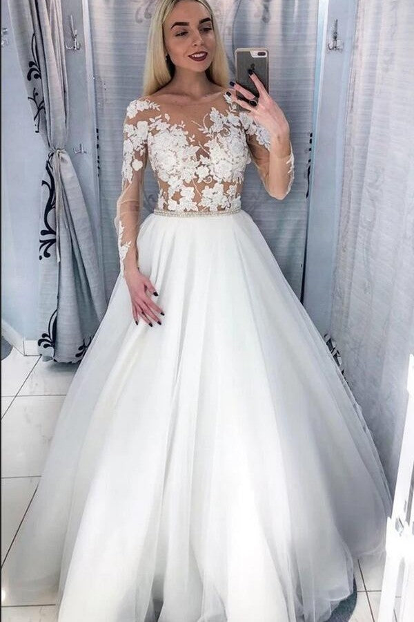 Elegante vestido de novia largo de tul con encaje, apliques y corte en A y mangas tipo barco