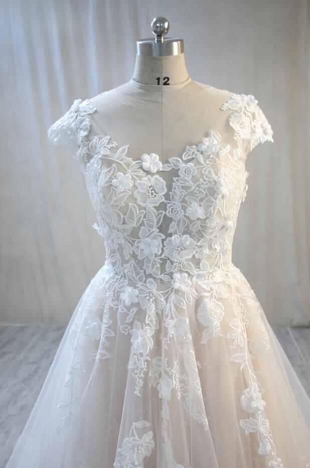 Elegant Long A-Line Bateau Backless Appliques Lace Tulle Wedding Dress