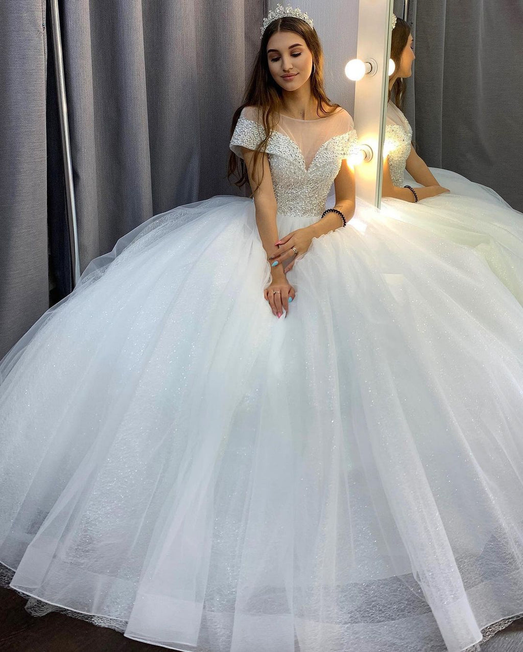 Elegant Long A-Line Bateau Sequins Crystal Tulle Train Wedding Dress with Sleeves