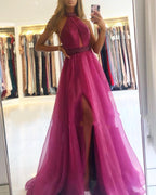 Elegant Long A-Line Halter Tulle Prom Dress With Slit