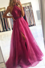 Elegant Long A-Line Halter Tulle Prom Dress With Slit