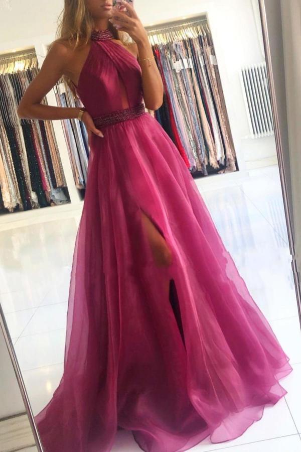 Elegant Long A-Line Halter Tulle Prom Dress With Slit