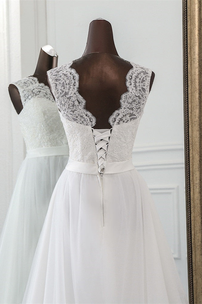 Elegant Long A-line Jewel Tulle Appliques Lace Wedding Dress