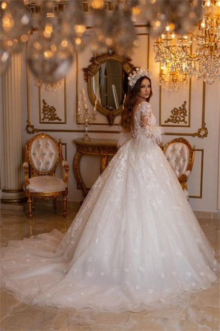 Elegant Long A-line Lace Appliques Tulle Wedding Dresses With Sleeves