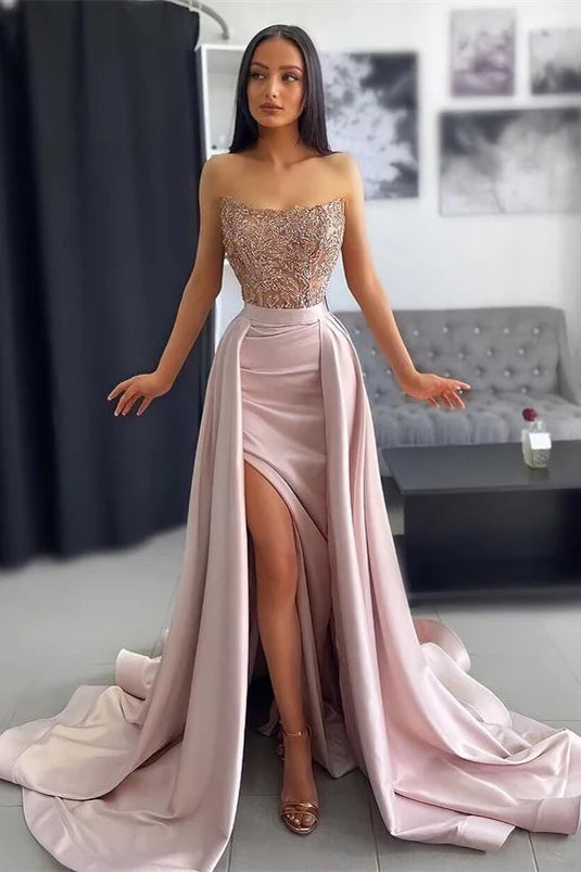 Elegante abito lungo a linea ad A senza maniche in pizzo con paillettes e spacco per ballo di fine anno