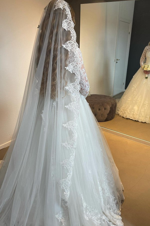 Graceful Long A Line Lace Wedding Dress With Delicate Long Sleeves