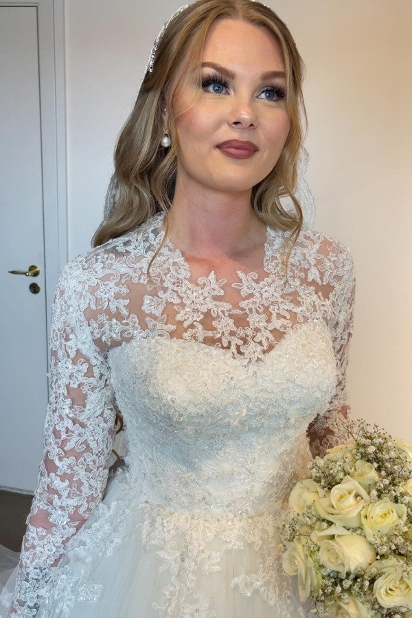 Graceful Long A Line Lace Wedding Dress With Delicate Long Sleeves