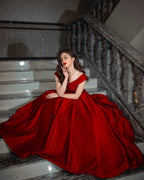 Elegant Long A-line Off-the-shoulder Satin Red Prom Dress