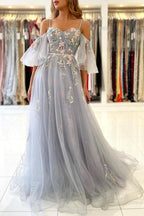 Elegante abito lungo a linea ad A in tulle formale da sera con spalle scoperte e maniche