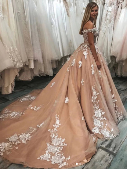 Elegant Long A-line Off the Shoulder Tulle Lace Graduation Prom Dresses