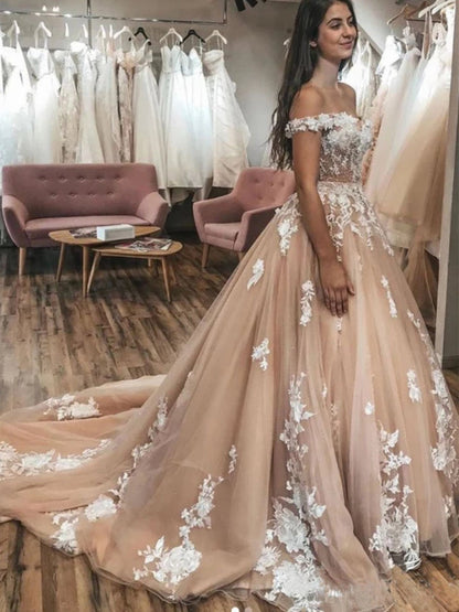 Elegant Long A-line Off the Shoulder Tulle Lace Graduation Prom Dresses