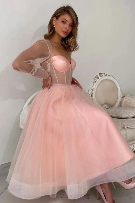 Elegante abito lungo a linea ad A in tulle rosa con maniche lunghe, abito da sera pesca per festa