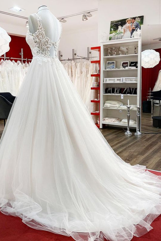 Abito da sposa elegante lungo a linea ad A, principessa, in tulle, con scollo a cuore e balze