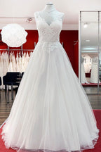 Abito da sposa elegante lungo a linea ad A, principessa, in tulle, con scollo a cuore e balze