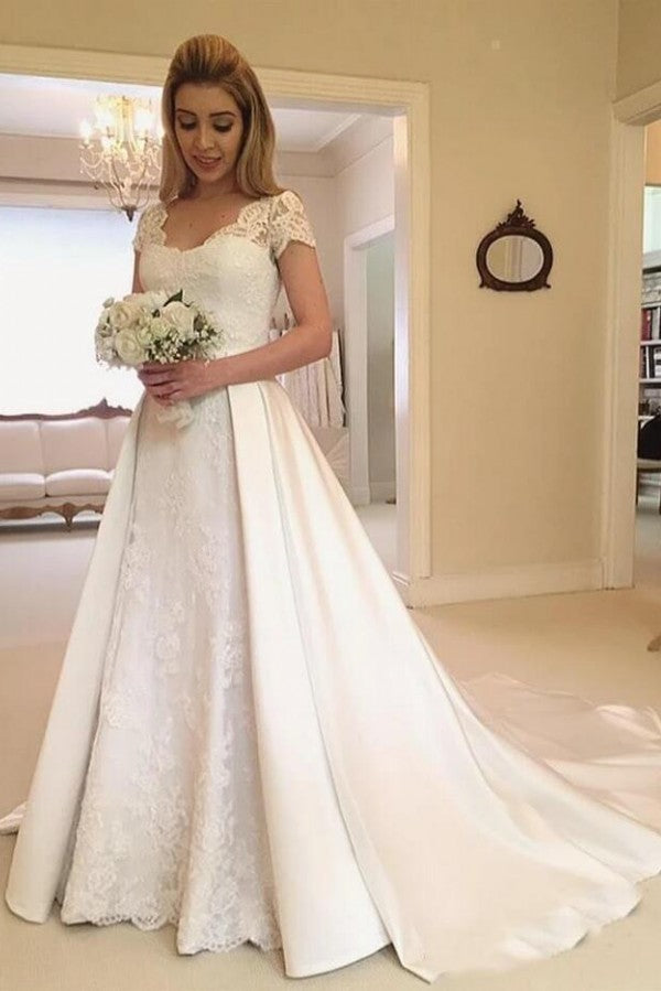 Elegante abito da sposa lungo a linea ad A in raso e pizzo con maniche