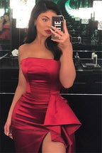 Robe de bal élégante longue en satin, sans bretelles, coupe en A, avec fente