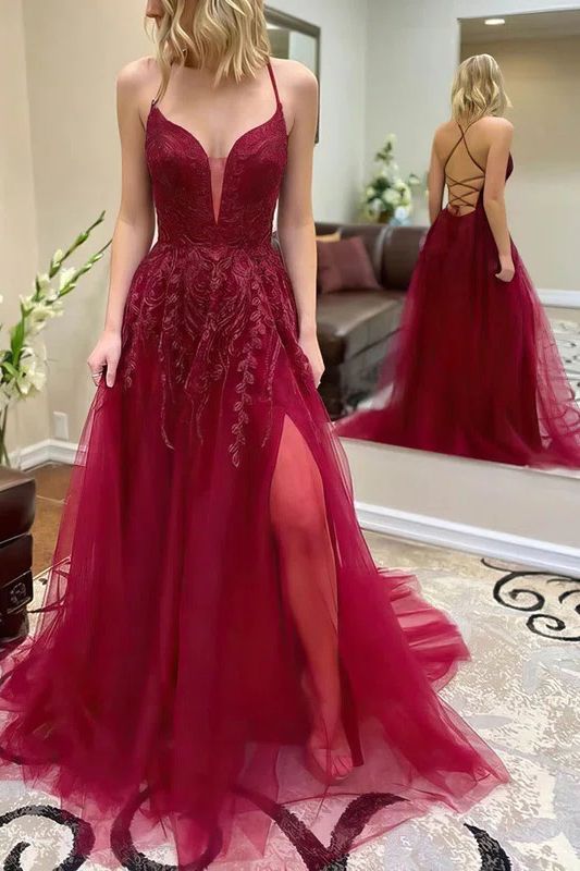 Elegante vestido de fiesta largo de tul con escote en A y espalda descubierta con abertura