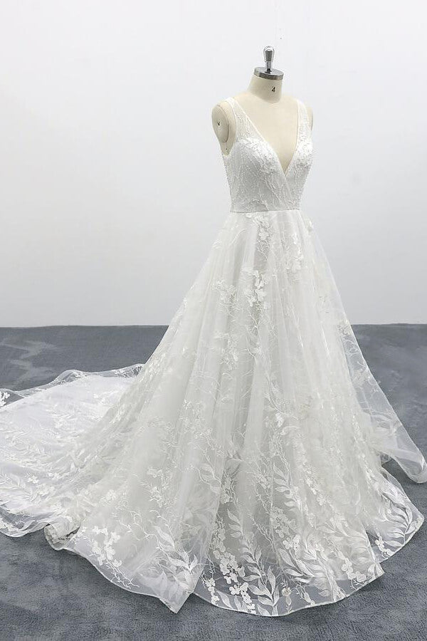 Abito da sposa elegante lungo a linea ad A con scollo a V, applicazioni in pizzo, tulle e schiena scoperta