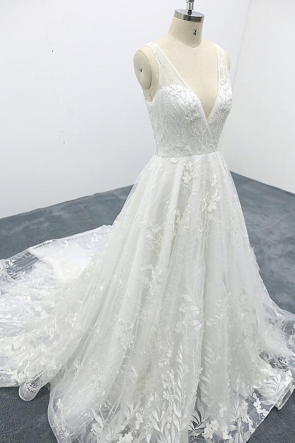 Abito da sposa elegante lungo a linea ad A con scollo a V, applicazioni in pizzo, tulle e schiena scoperta